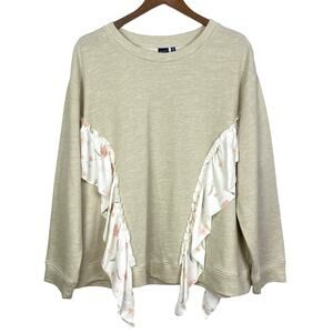 Kaari Blue Curvy Cream Tan Ruffle Floral Detail Pullover Crewneck Sweatshirt